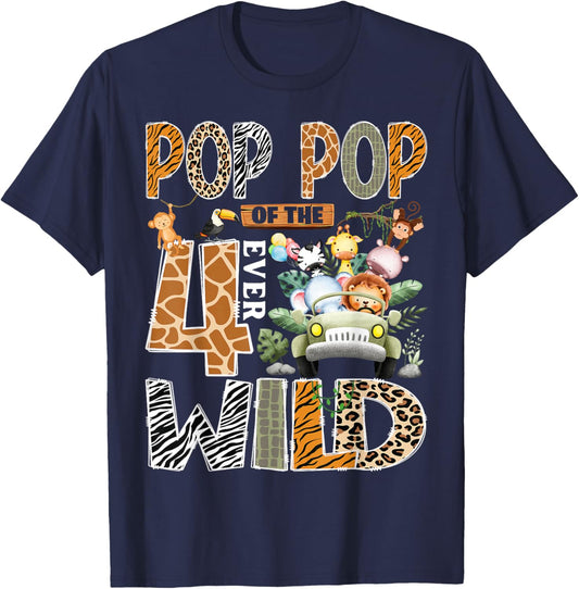 Pop Pop of The Four Ever Wild Safari 4th Birthday Boy T-Shirt - T-Shirt | Navy