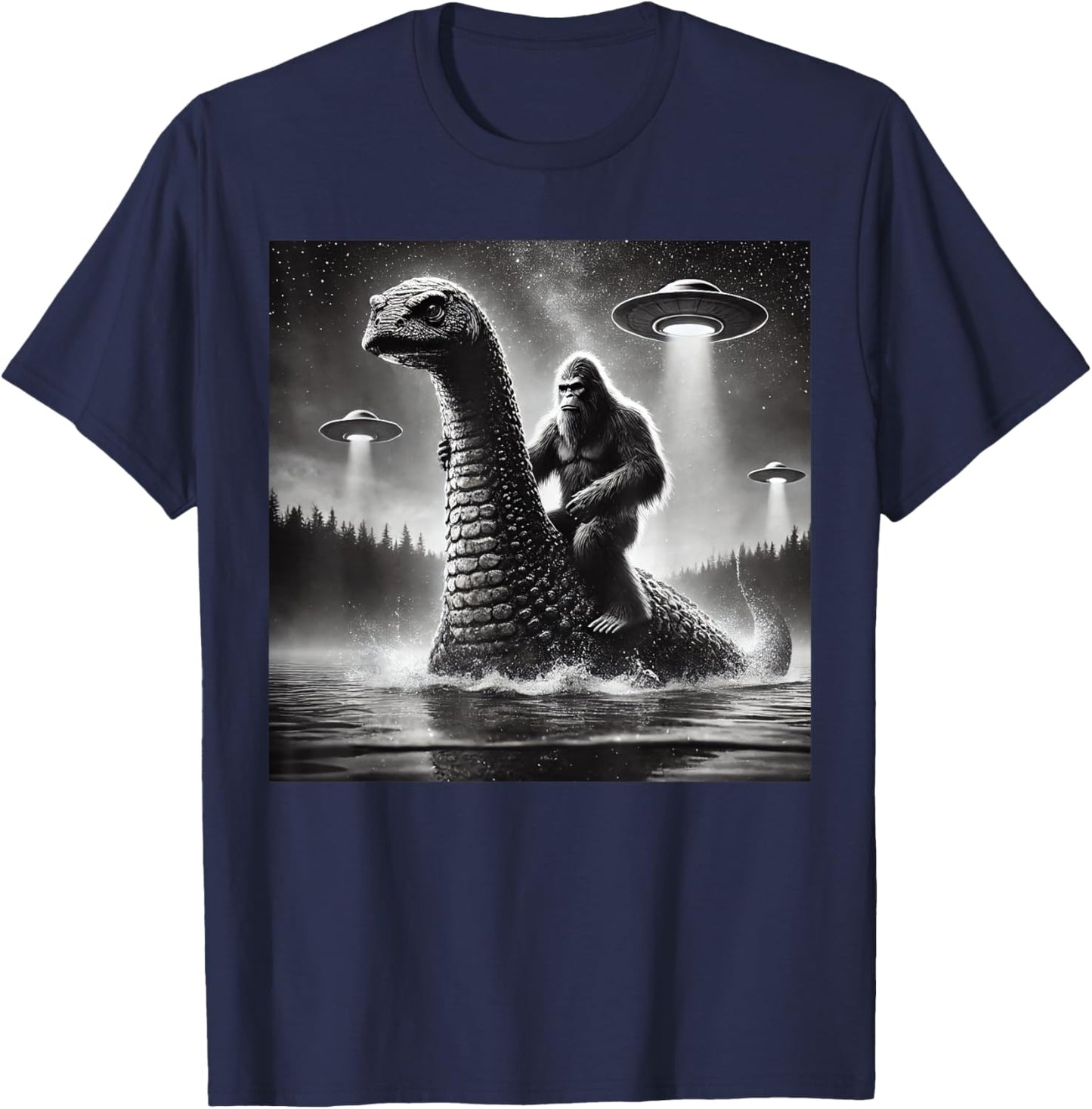 Bigfoot Riding Loch Ness Monster Alien UFO Funny Men Graphic T-Shirt - T-Shirt | Navy