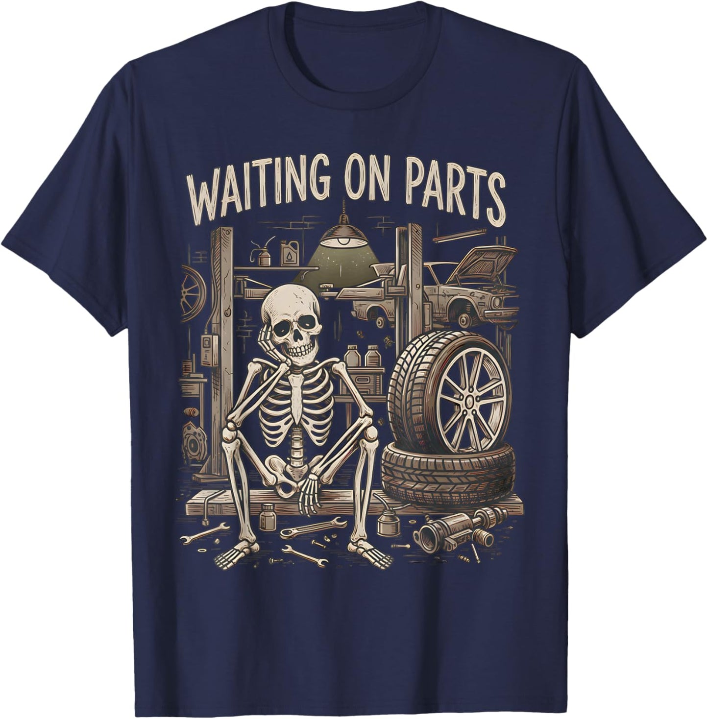 Waiting On Parts Funny Skeleton Auto Mechanic Technician T-Shirt - T-Shirt | Navy