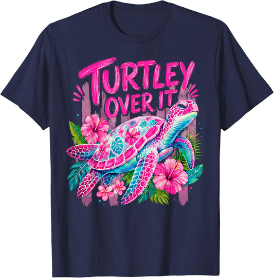 Stripped Turtley Over It Cute Turtle Flower Funny Men Women T-Shirt - T-Shirt | Navy