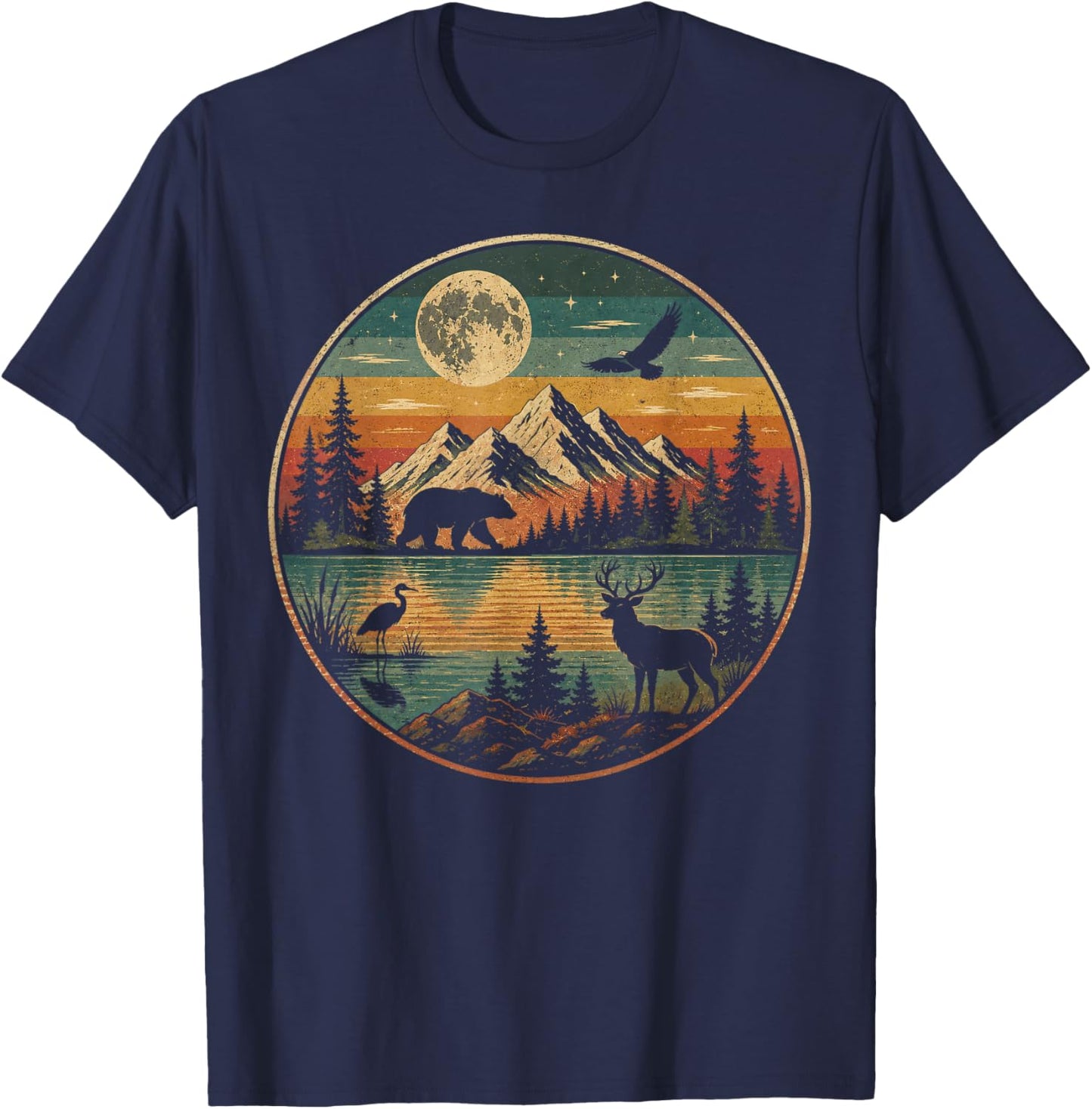 Forest Trees Reflection Wildlife Nature Animal Bear Outdoor T-Shirt - T-Shirt | Navy