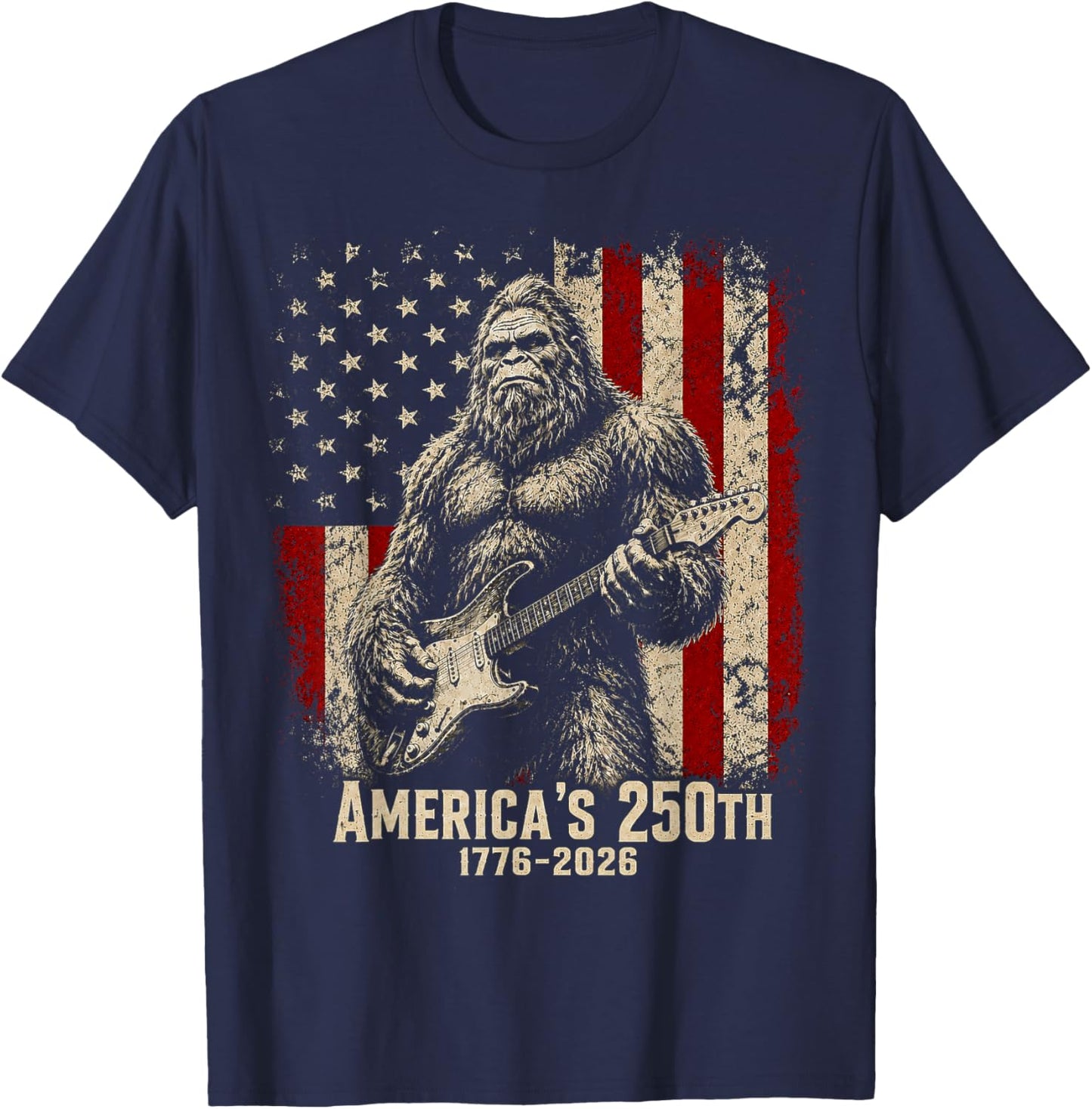 Bigfoot Sasquatch Playing Guitar 250 Years American USA Flag T-Shirt - T-Shirt | Navy