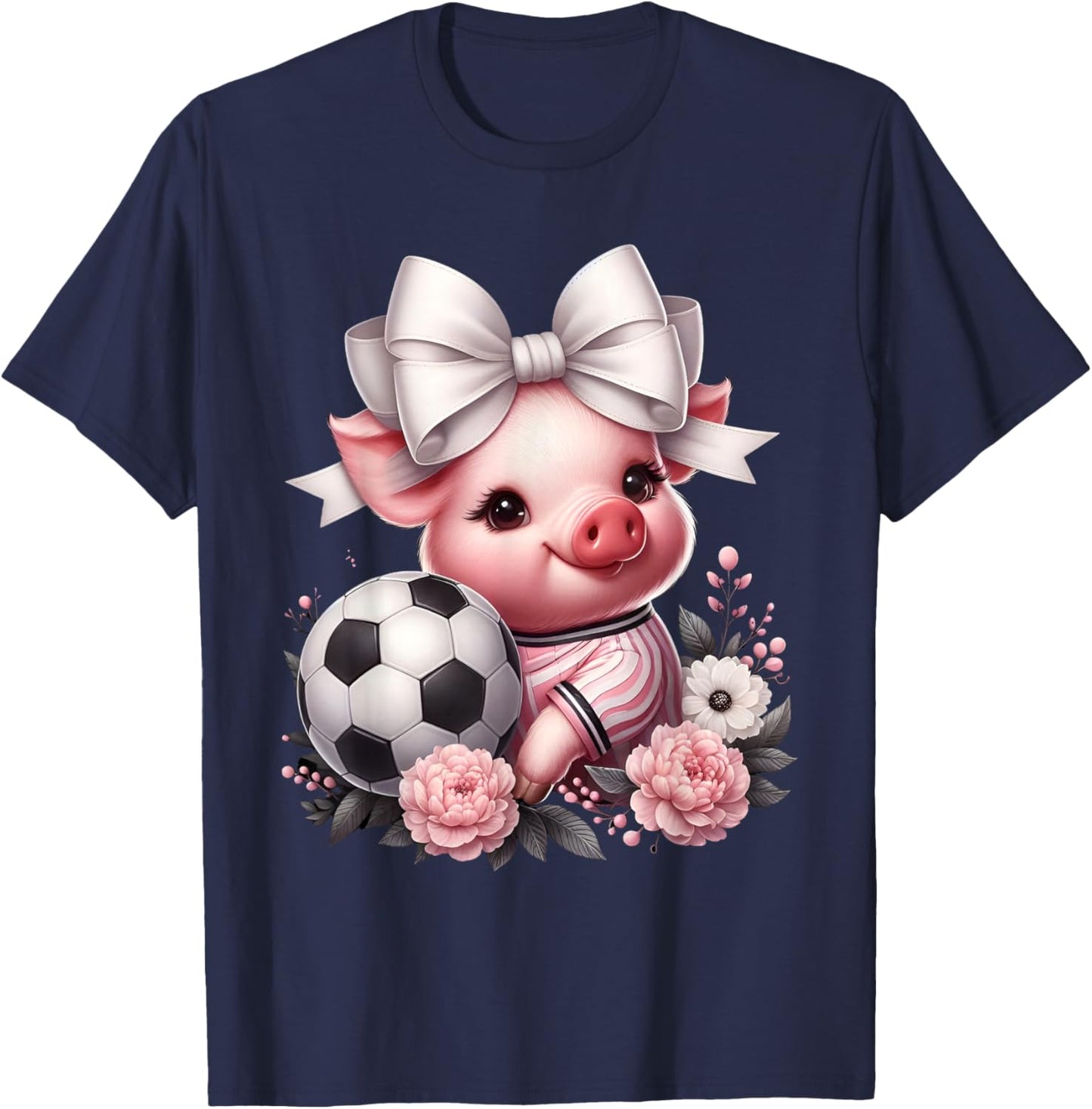 Cute Pig White Coquette Bow Soccer Pig Lover Player Sport T-Shirt - T-Shirt | Navy
