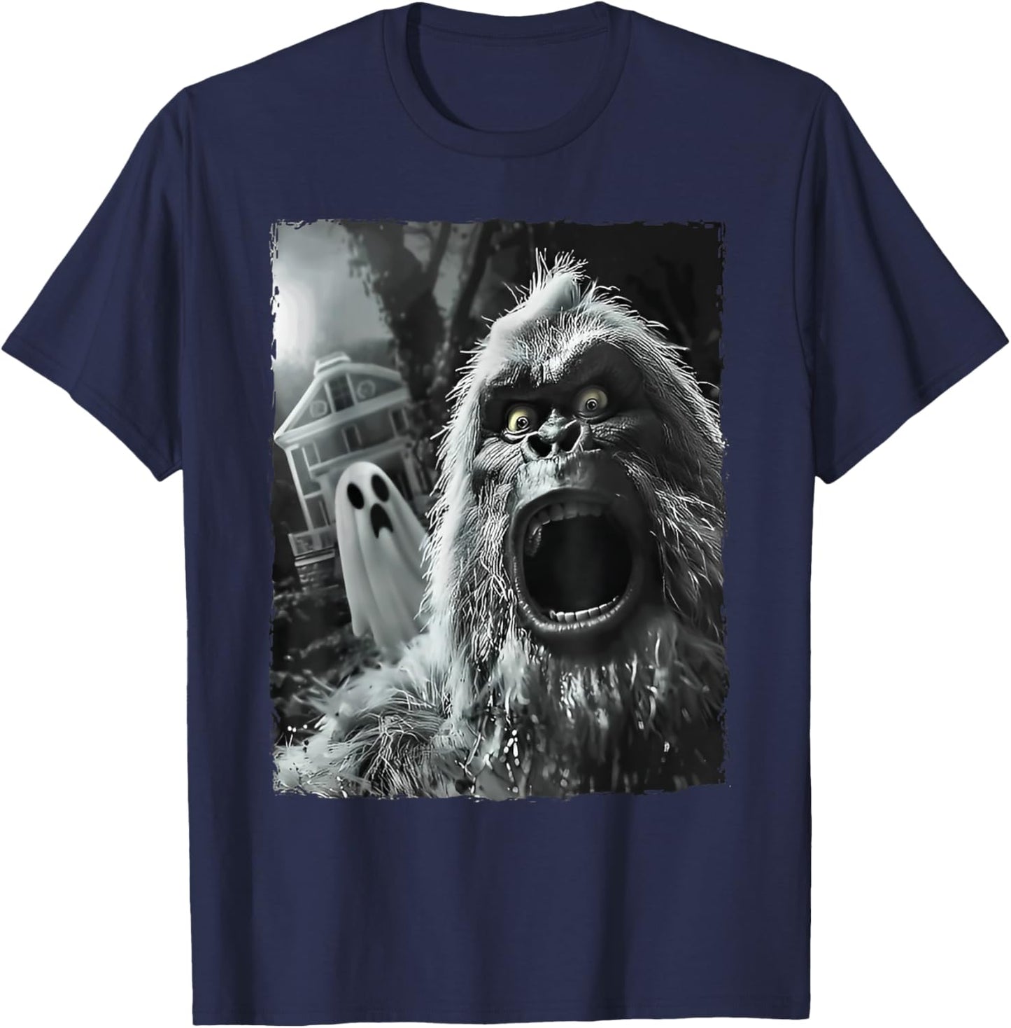 Bigfoot Sasquatch Selfie with Ghost Halloween Haunted House T-Shirt - T-Shirt | Navy