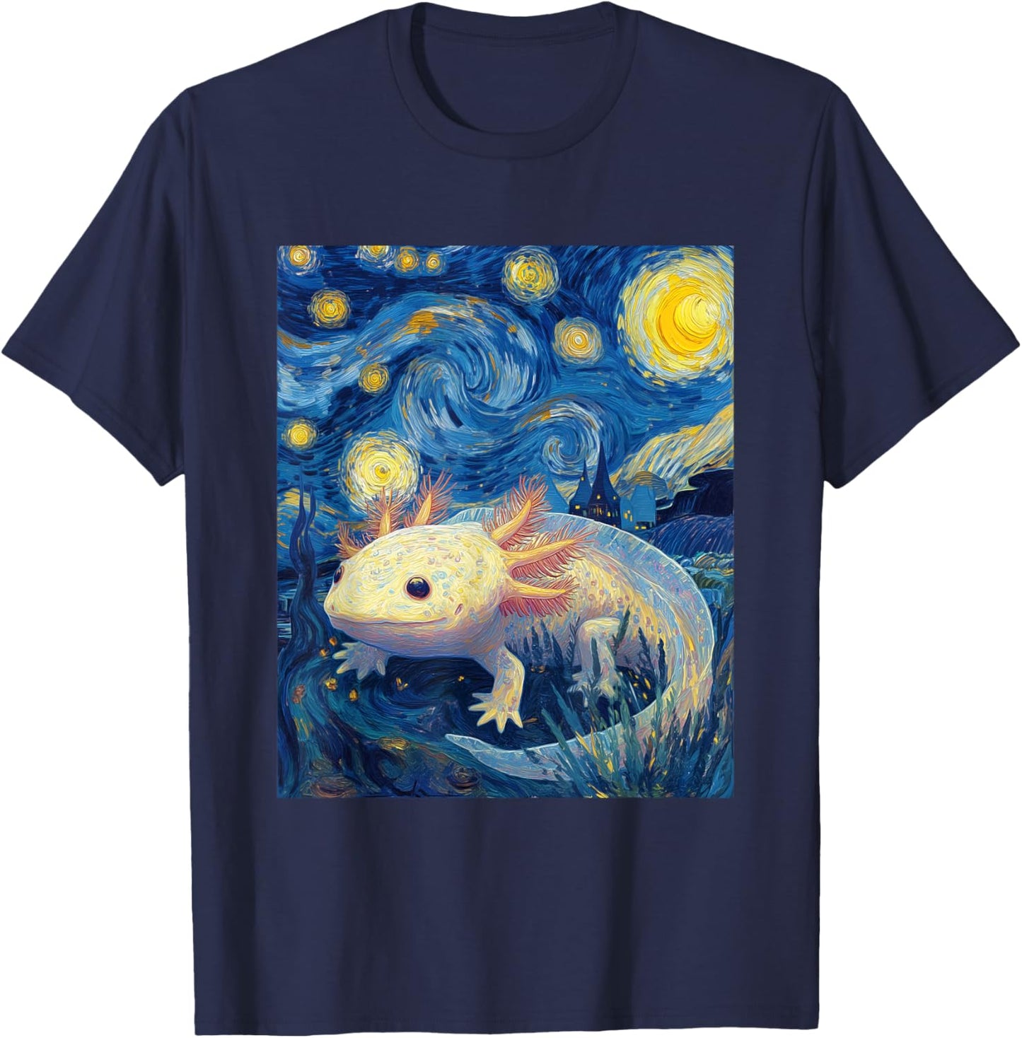 Axolotl Kawaii Van Gogh Style Starry Night Funny Graphic T-Shirt - T-Shirt | Navy