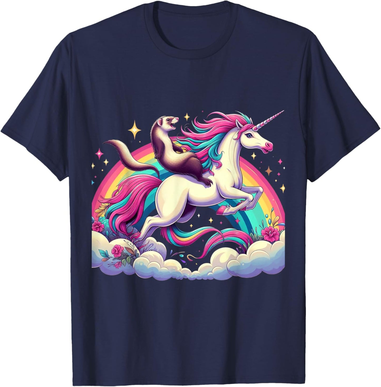Ferret Riding Unicorn Boys Girls Men Women Kids Rainbow T-Shirt - T-Shirt | Navy