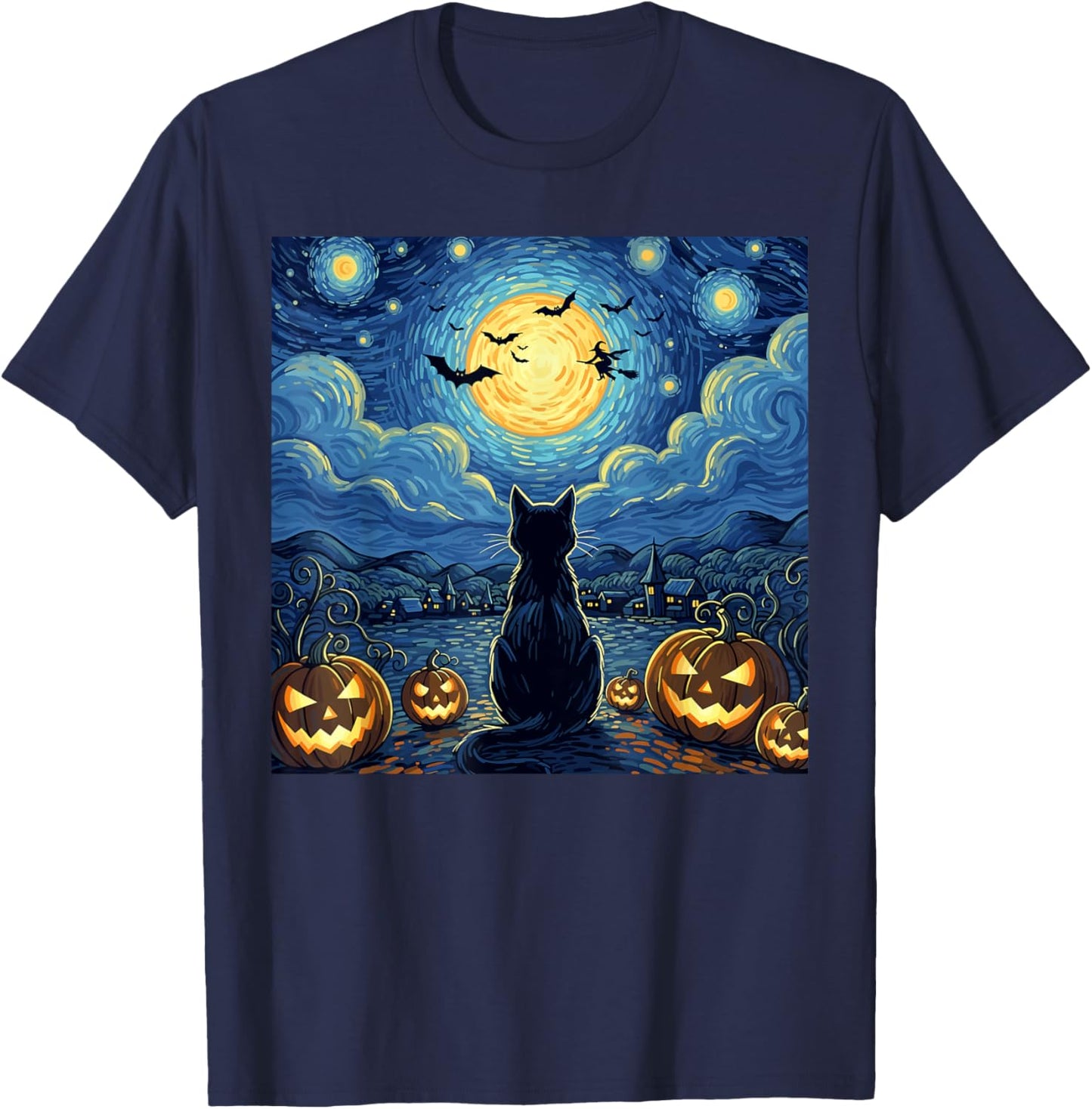 Halloween Black Cat Starry Night Witch Pumpkin Moon T-Shirt - T-Shirt | Navy