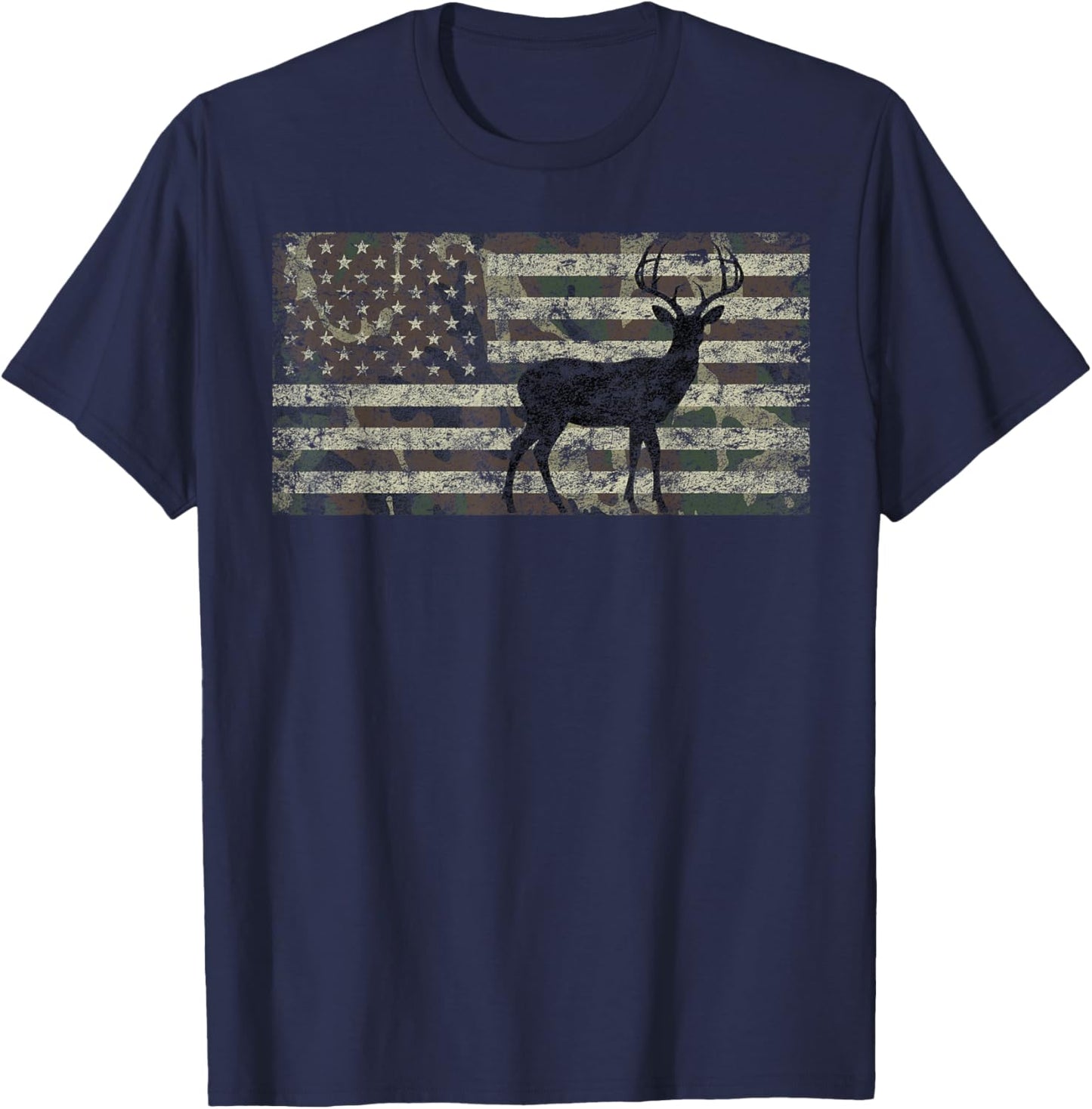 Deer Hunting Camo American Flag Buck Standing Hunter Country T-Shirt - T-Shirt | Navy