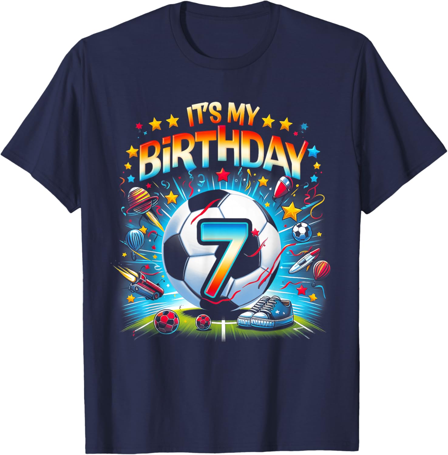 Kids It's My 7th Birthday Boys Soccer Football 7 Years Old T-Shirt - T-Shirt | Navy