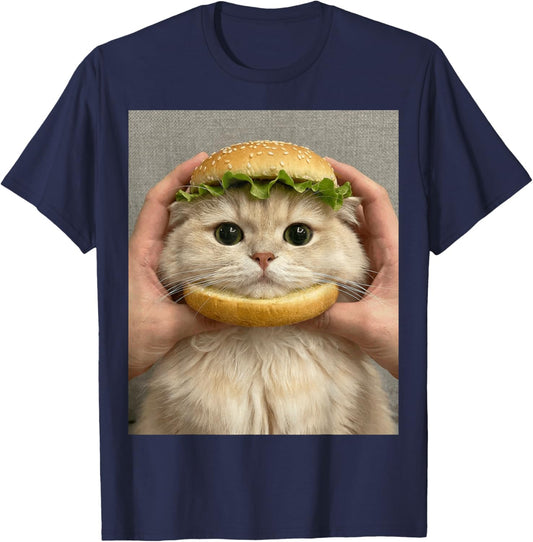 Cat Hamburger Bun Cute Funny Food Meme Fluffy Adorable T-Shirt - T-Shirt | Navy