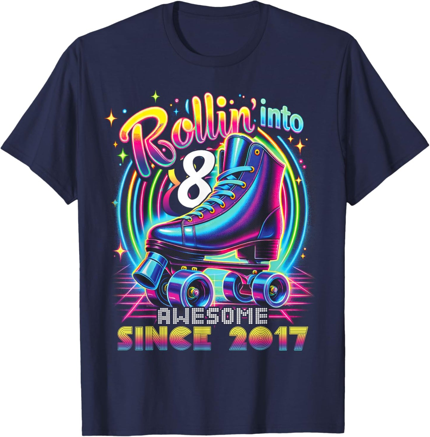 Birthday Roller Skating 8th Girls Rollin into 8 Skate Party T-Shirt - T-Shirt | Navy
