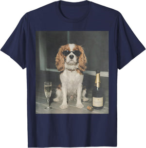 Cavalier King Charles Drinking Champagne Funny Dog Meme T-Shirt - T-Shirt | Navy