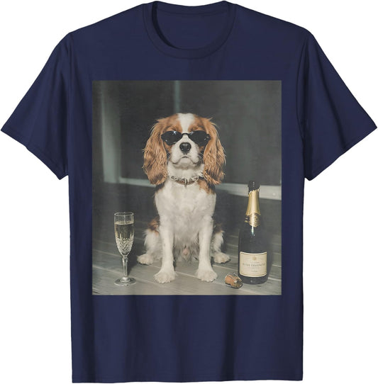 Cavalier King Charles Drinking Champagne Funny Dog Meme T-Shirt - T-Shirt | Navy