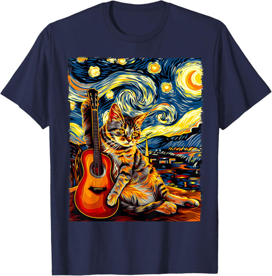 Painting A Cat Playing Guitar in The Starry Night, Cat Art T-Shirt - T-Shirt | Navy