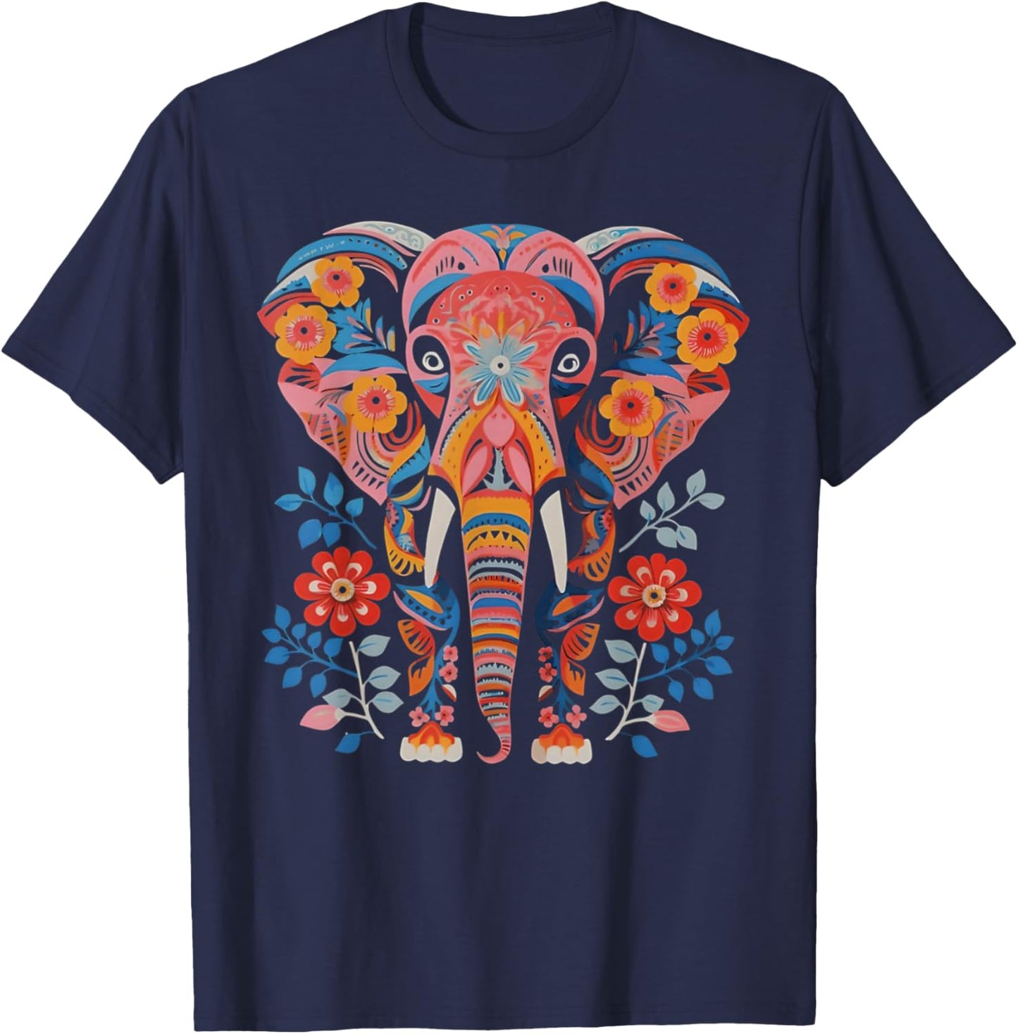 Flower Elephant with Floral Graphic for Mom Girl Teens Women T-Shirt - T-Shirt | Navy