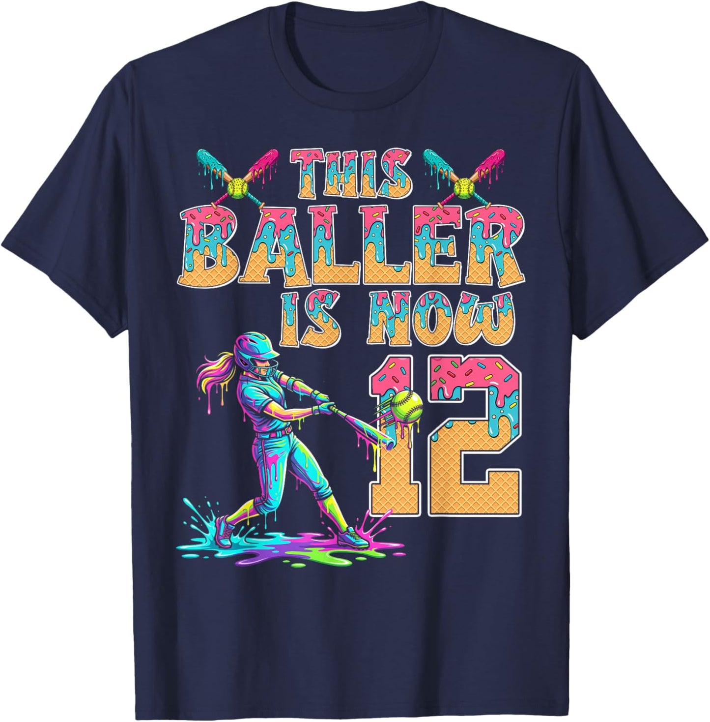 This Baller is Now 12 Years Old Birthday Girl Softball 12th T-Shirt - T-Shirt | Navy