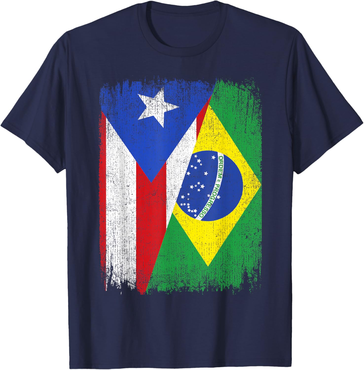 Half Puerto Rico Brazil Flag Brazilian Pride Roots T-Shirt - T-Shirt | Navy
