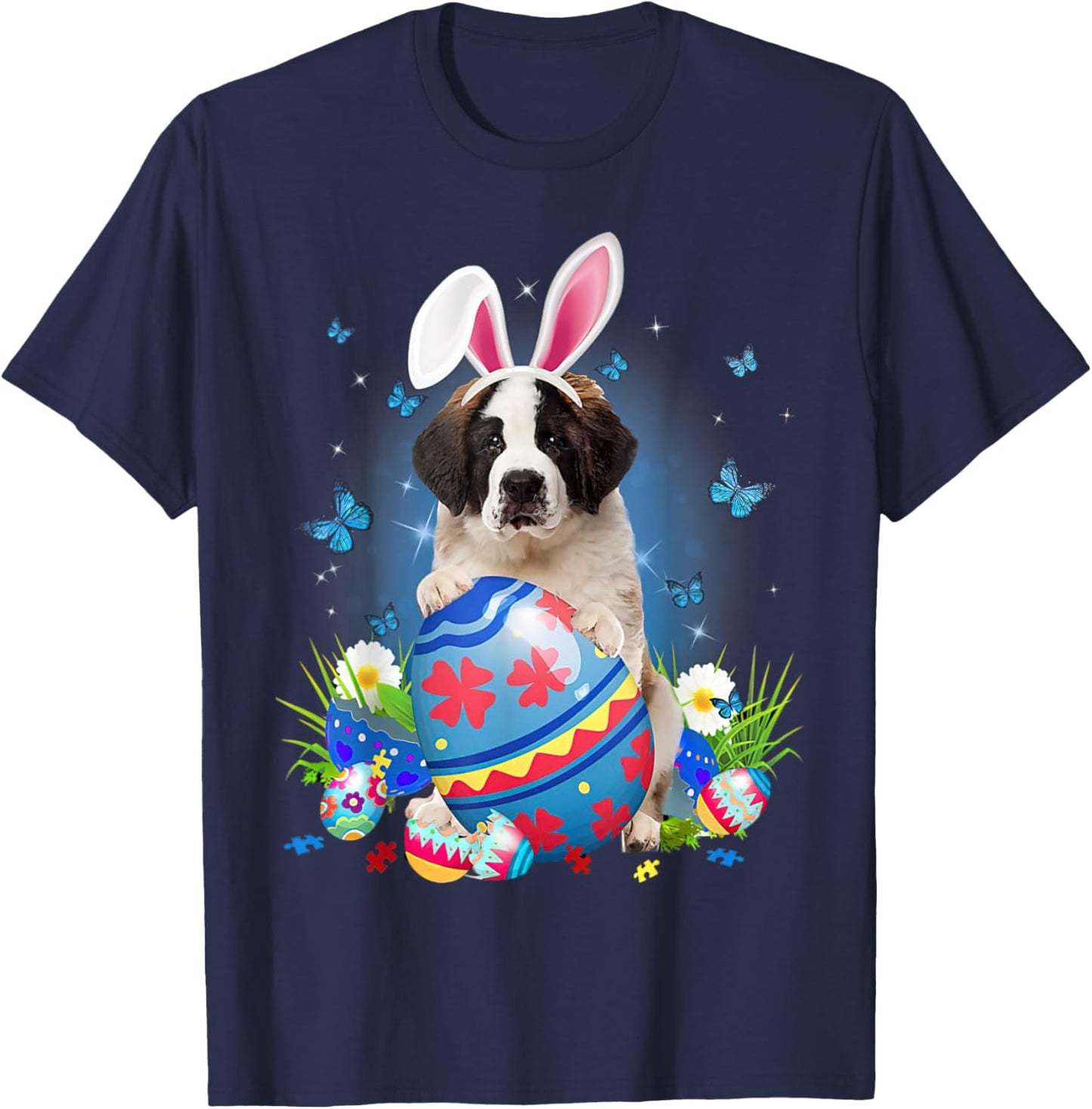 Easter Cute Saint Bernard Dog Lover Bunny Eggs Easter T-Shirt - T-Shirt | Navy