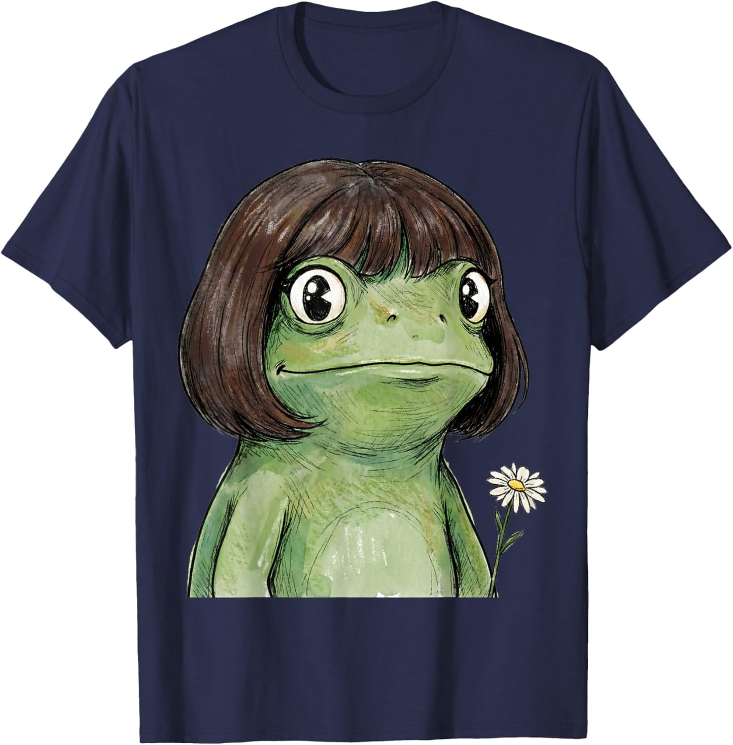Funny Frog Bob Haircut Flower T-Shirt - T-Shirt | Navy