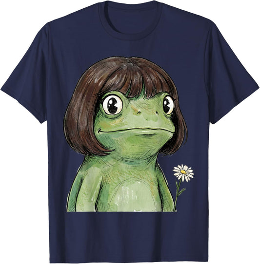 Funny Frog Bob Haircut Flower T-Shirt - T-Shirt | Navy