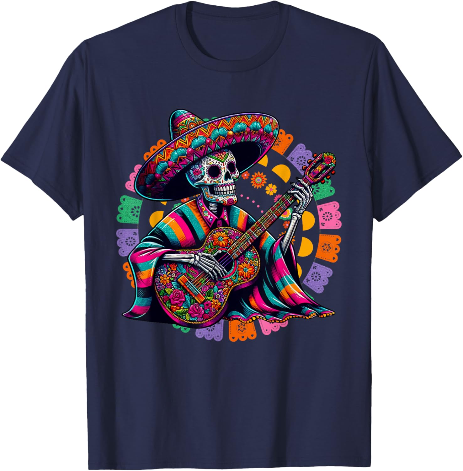 Dia De Los Muertos Skeleton playing guitar Sugar Skull Funny T-Shirt - T-Shirt | Navy
