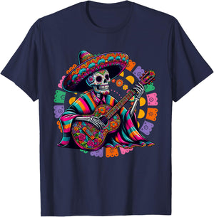 Dia De Los Muertos Skeleton playing guitar Sugar Skull Funny T-Shirt - T-Shirt | Navy