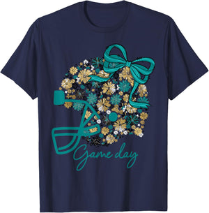 Floral Football Game Day Girly Team Spirit Black Teal & Gold T-Shirt - T-Shirt | Navy