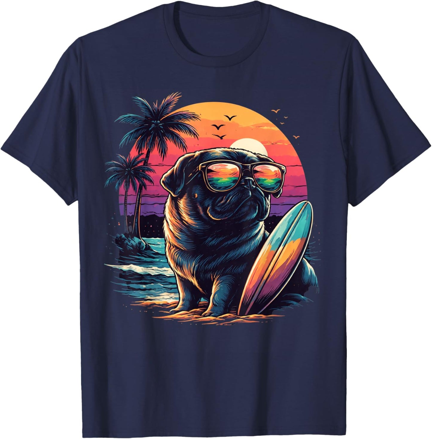 Funny Pug Lover Cute Colorful Surfing Puppy Summer Beach Sun T-Shirt - T-Shirt | Navy
