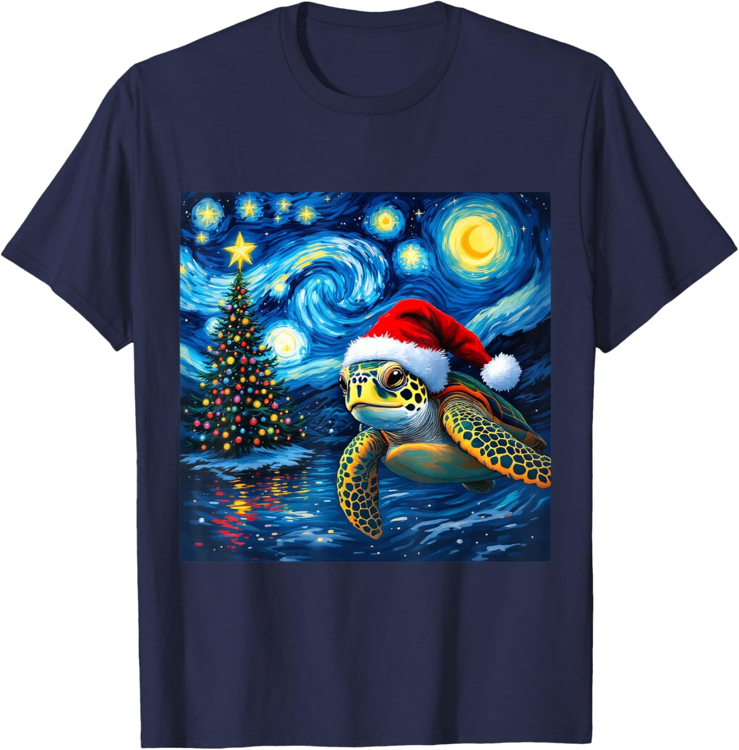 Christmas Sea Turtle Santa Hat Van Gogh Starry Night Holiday T-Shirt - T-Shirt | Navy