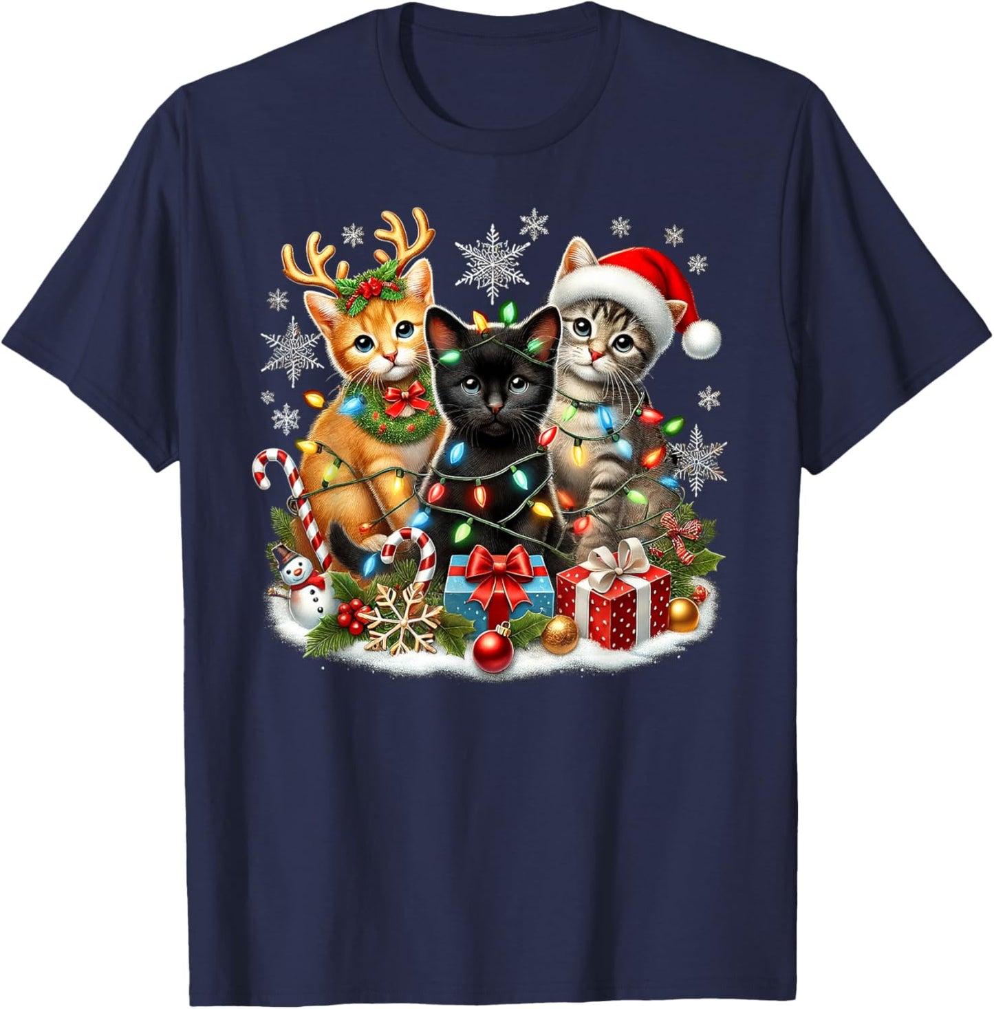 Merry Christmas Baby Cats Presents Snowflake Santa Claus T-Shirt - T-Shirt | Navy