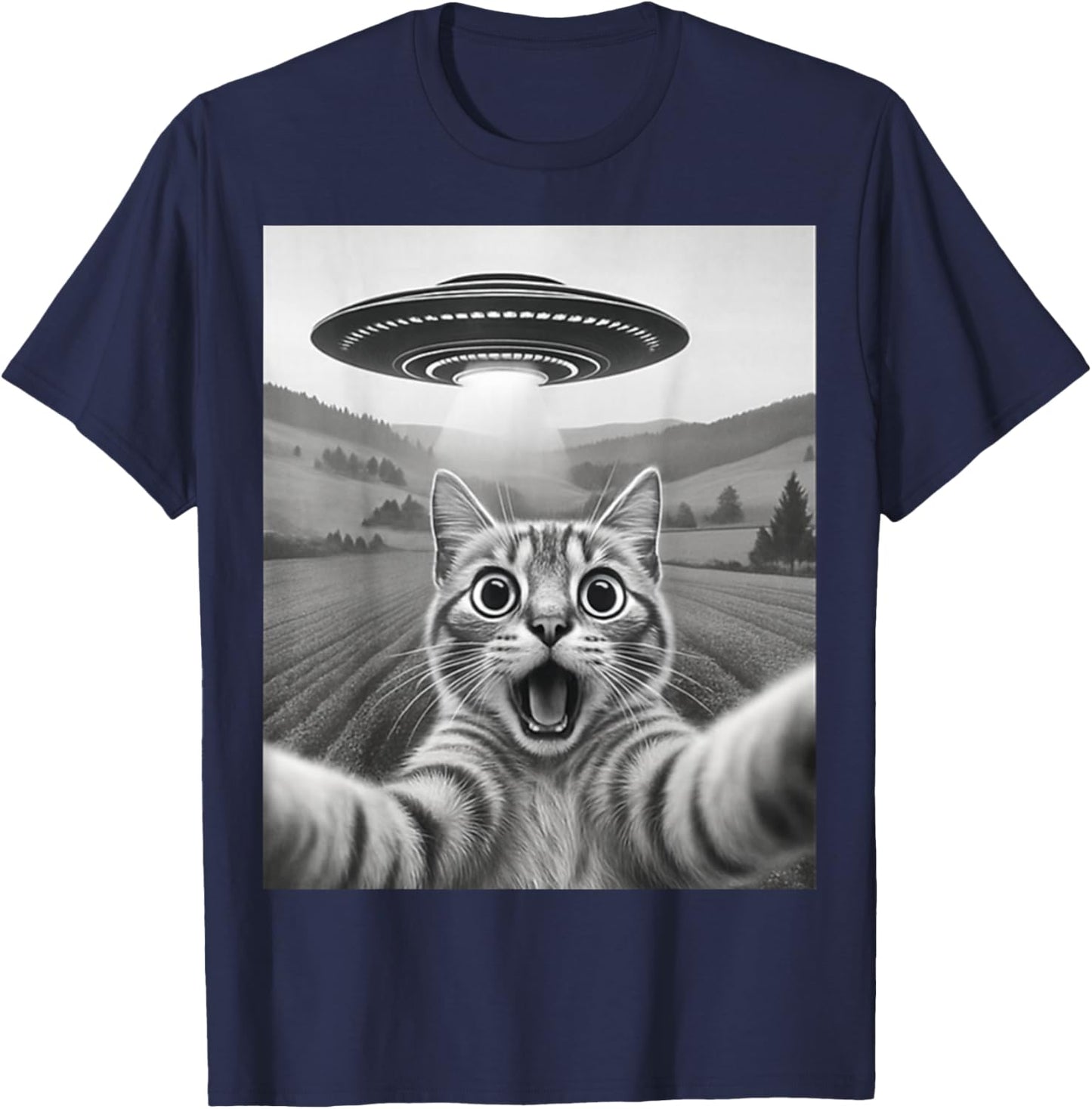 Cat Selfie with Alien UFO Funny Gift Men Women T-Shirt - T-Shirt | Navy