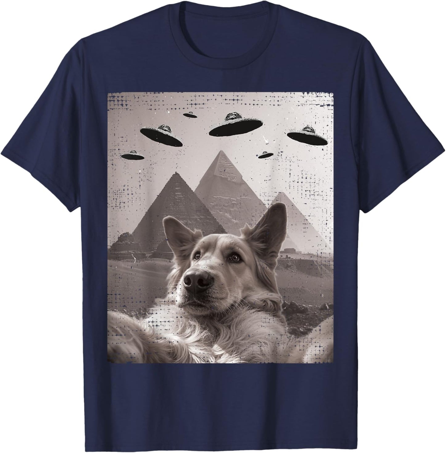 Dog UFO Meme - Funny Golden Retriever Dog Selfie with UFOs T-Shirt - T-Shirt | Navy
