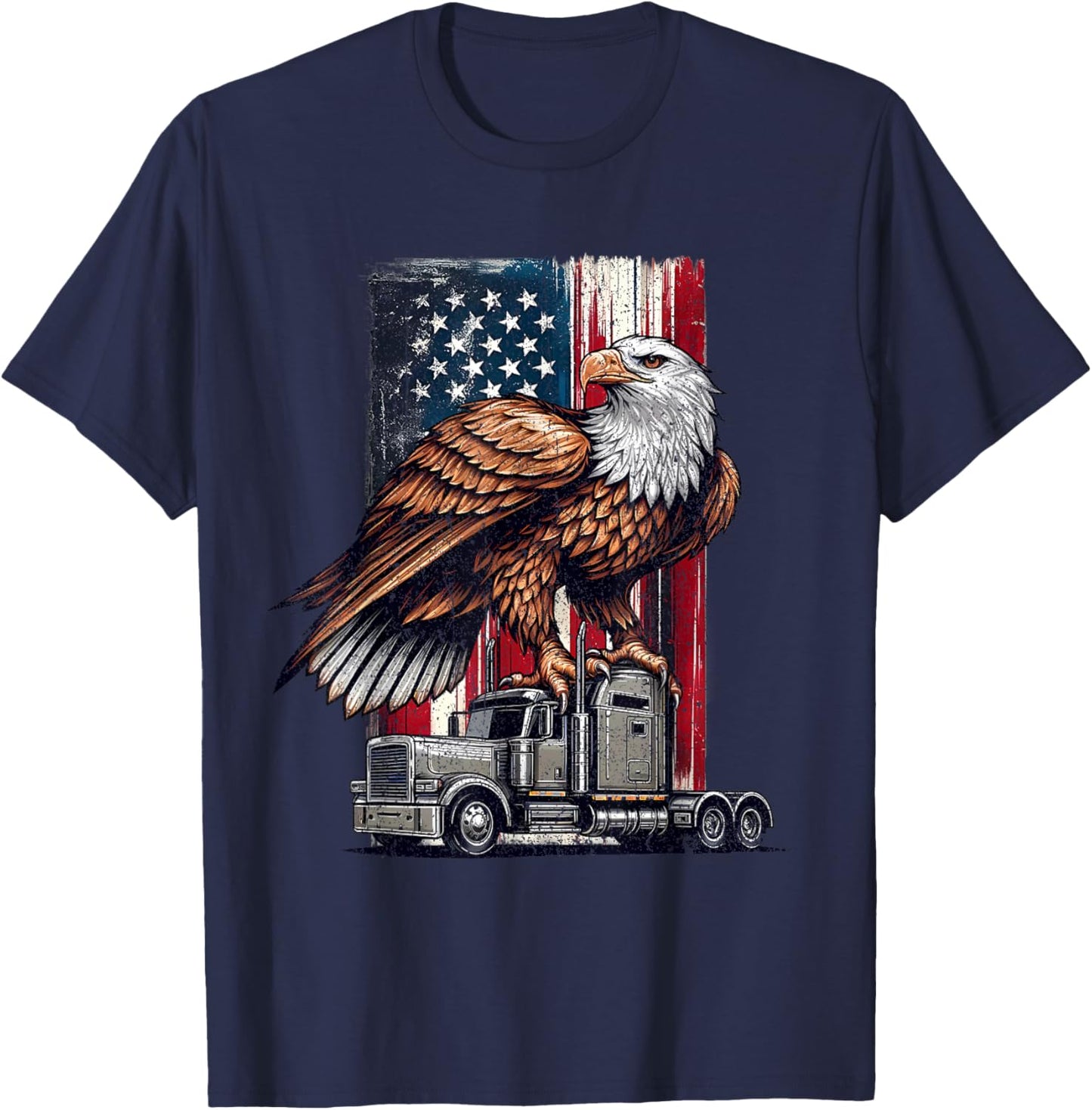 Vintage Trucking Trucker American Flag Patriotic Eagle T-Shirt - T-Shirt | Navy