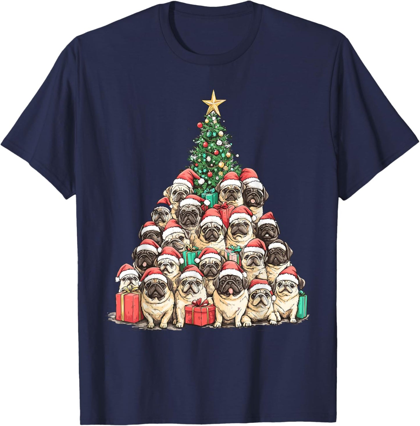 Pekingese Santa Christmas Tree Funny Xmas Dog Lover Pajama T-Shirt - T-Shirt | Navy