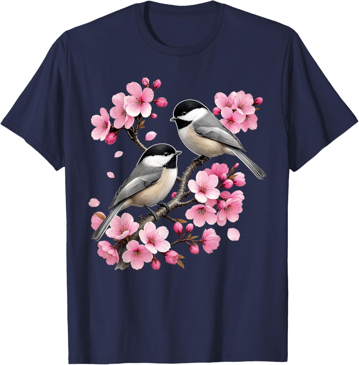 Black Capped Chickadee Cherry Blossom Floral Bird Watching T-Shirt - T-Shirt | Navy