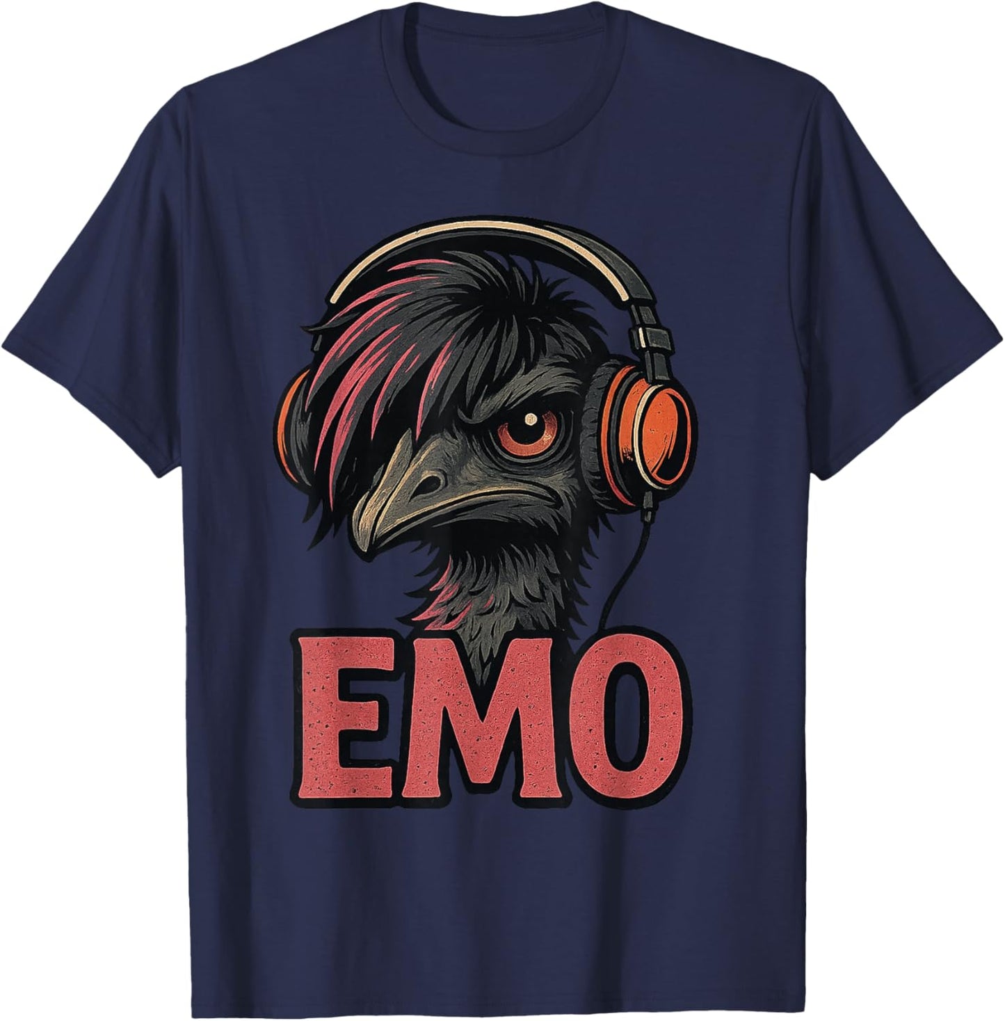 Emo Emu Vibes Alternative Bird with Headphones Retro Design T-Shirt - T-Shirt | Navy