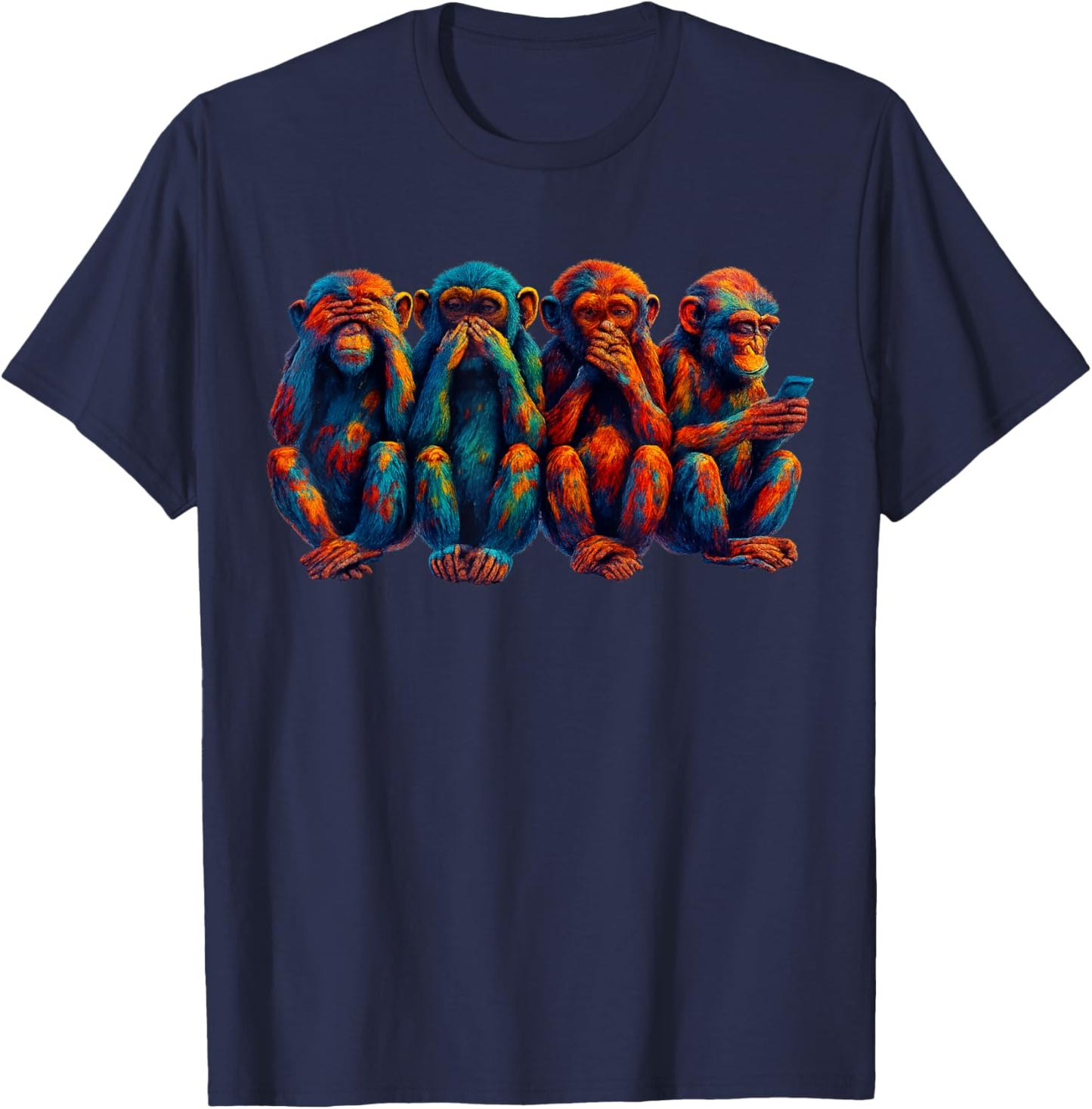 Three Wisdom Monkeys Use A Smartphone. Funny Four Wise Monkeys T-Shirt - T-Shirt | Navy