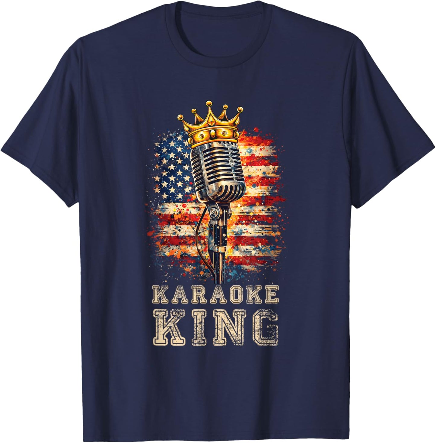 Karaoke King Singer Vintage Microphone American Flag Singing T-Shirt - T-Shirt | Navy