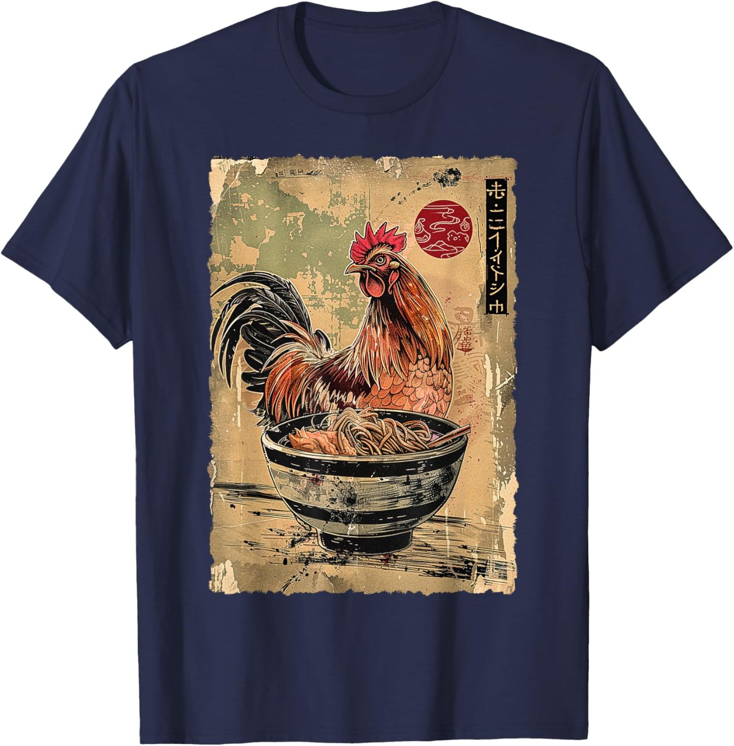 Chicken Eating Ramen Noodles Japanese Woodblock Ukiyoe Art T-Shirt - T-Shirt | Navy