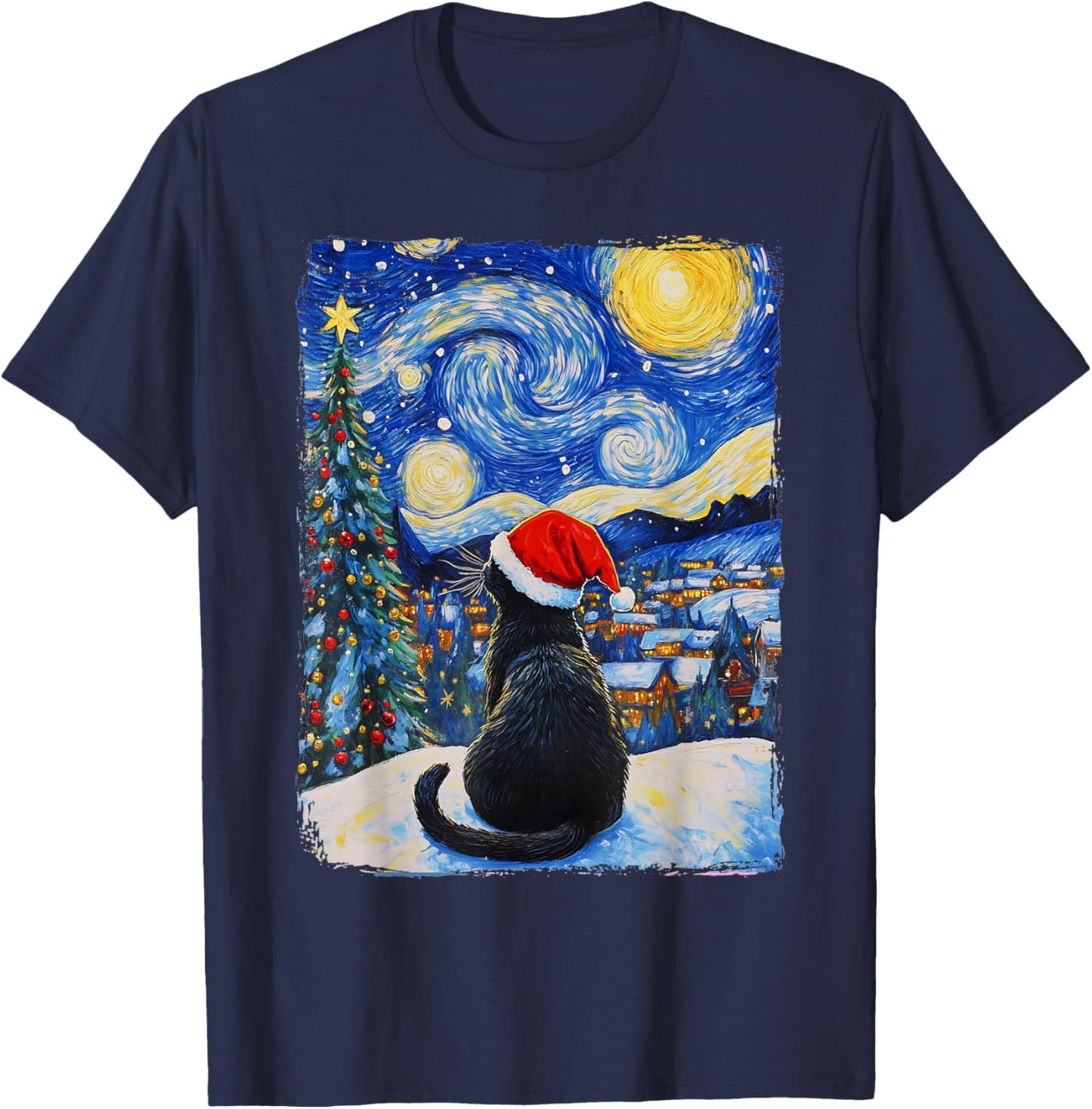 Cat Starry Night Christmas T-Shirt - T-Shirt | Navy