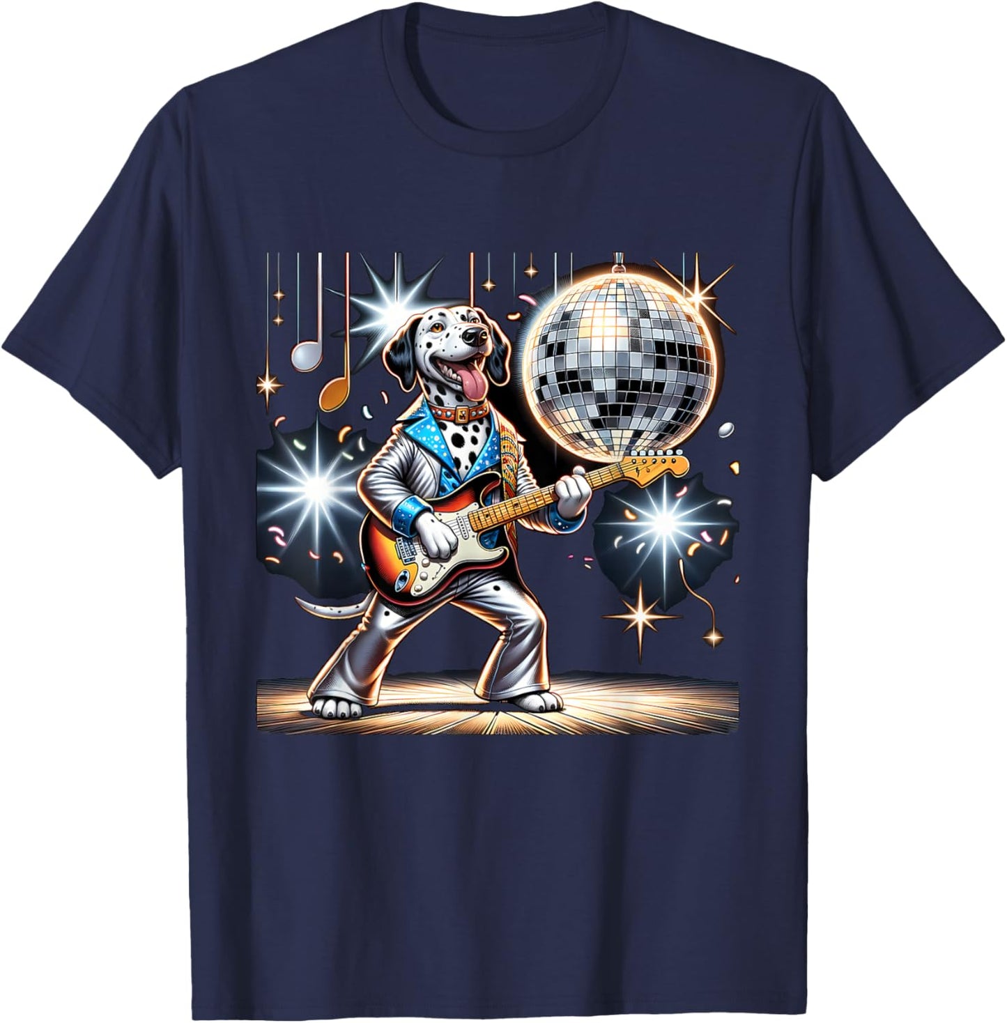 Disco Ball Guitar Dalmatian Dog T-Shirt - T-Shirt | Navy