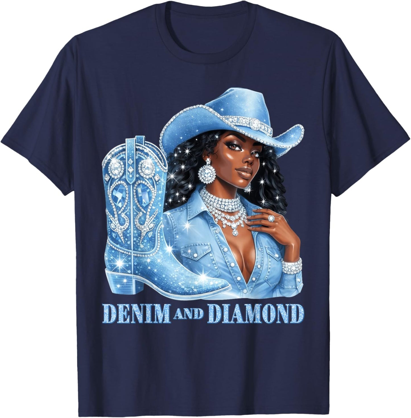 Denim and Diamonds Western Cowgirl Country Rodeo T-Shirt - T-Shirt | Navy