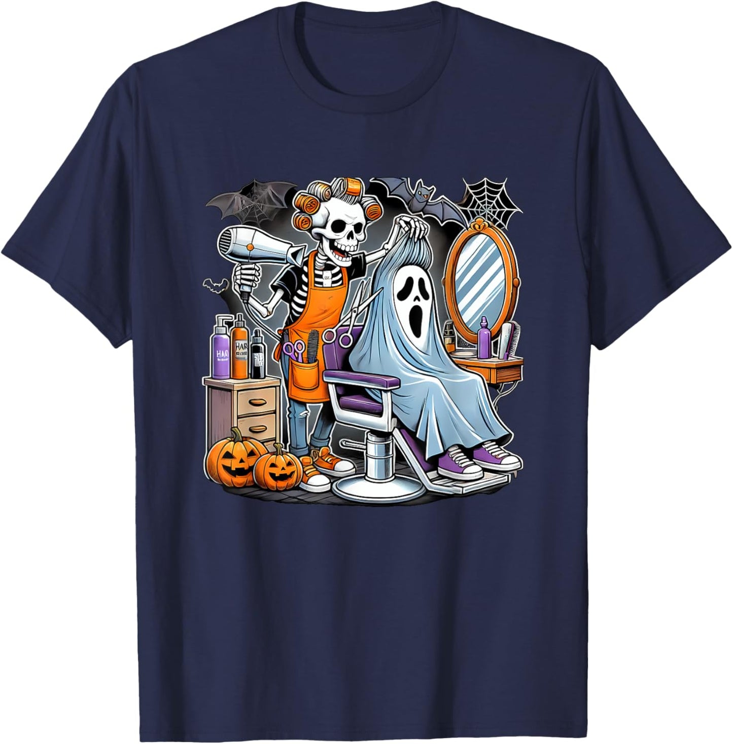 Halloween Skeleton Hairdresser Hairstylist T-Shirt - T-Shirt | Navy