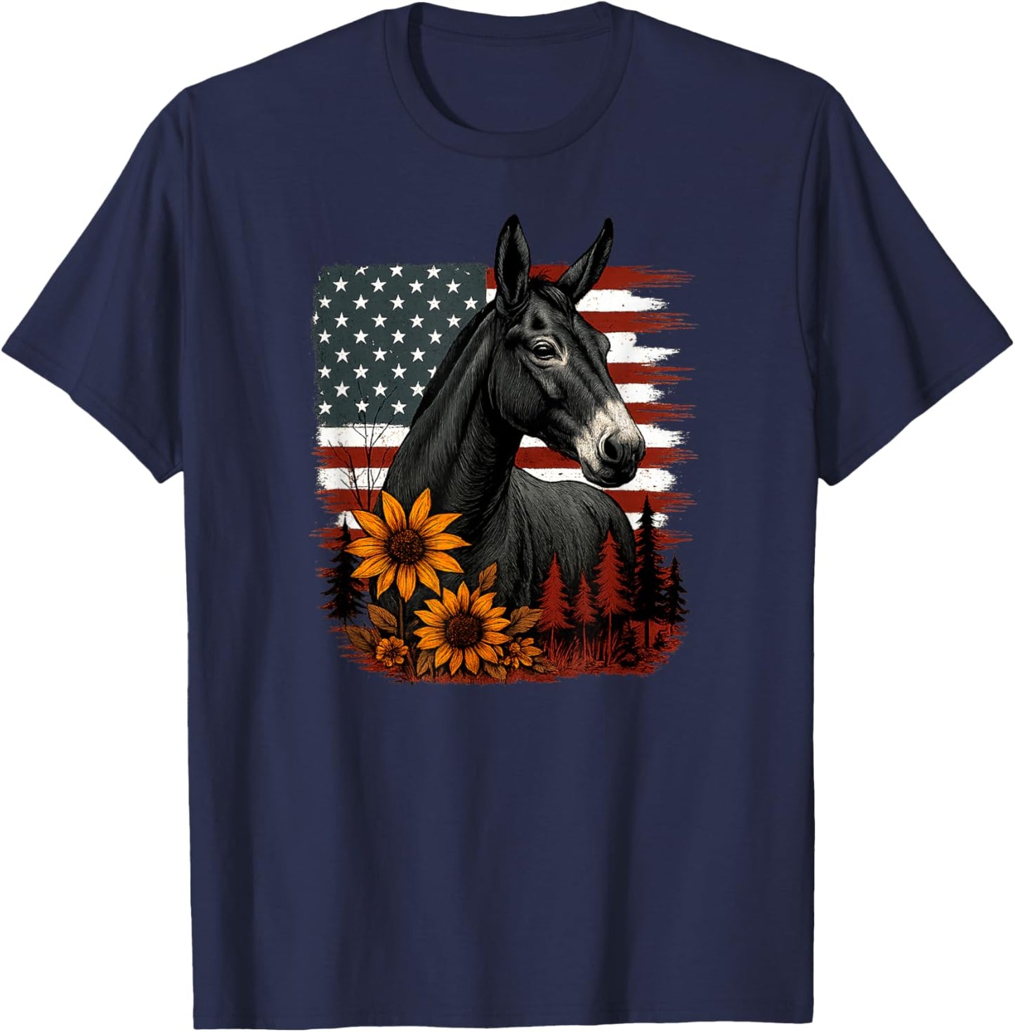 Funny Mule Shirt Patriotic USA American Flag with Sunflowers T-Shirt - T-Shirt | Navy