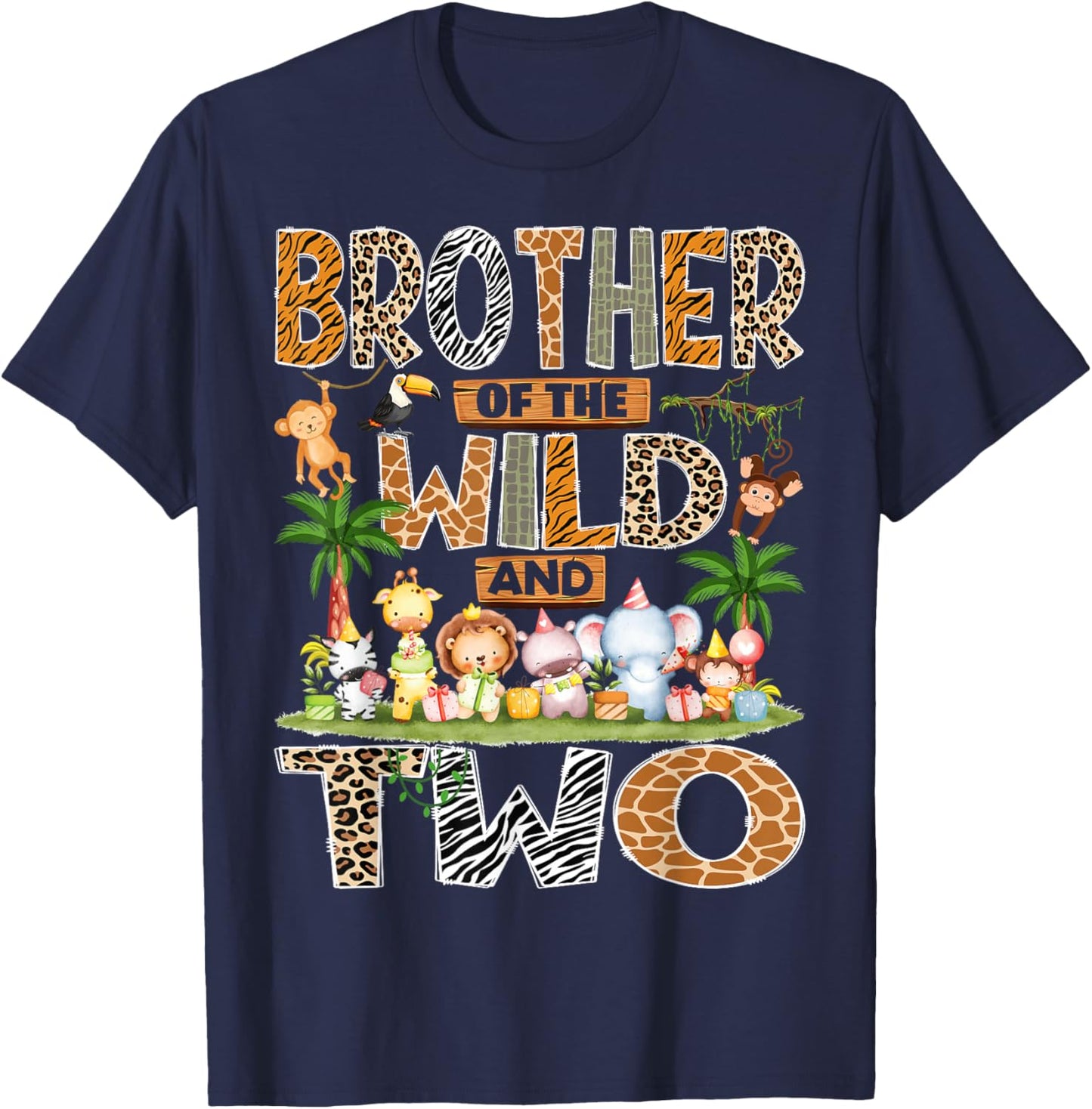 Brother of The Wild & Two 2nd Birthday Boy Safari Jungle T-Shirt - T-Shirt | Navy