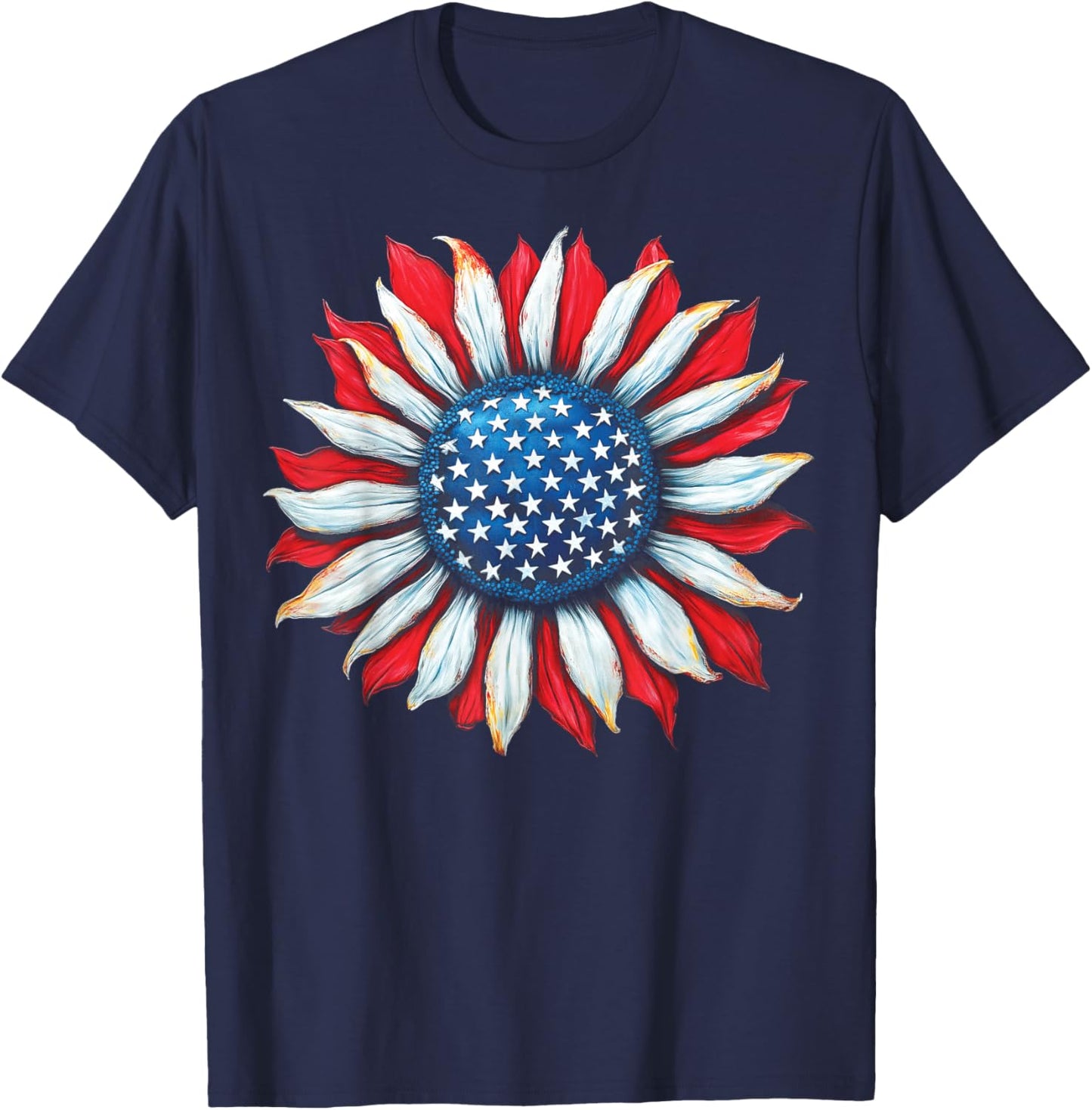 Sunflower American Flag 4th of July Women Men Merica USA T-Shirt - T-Shirt | Navy