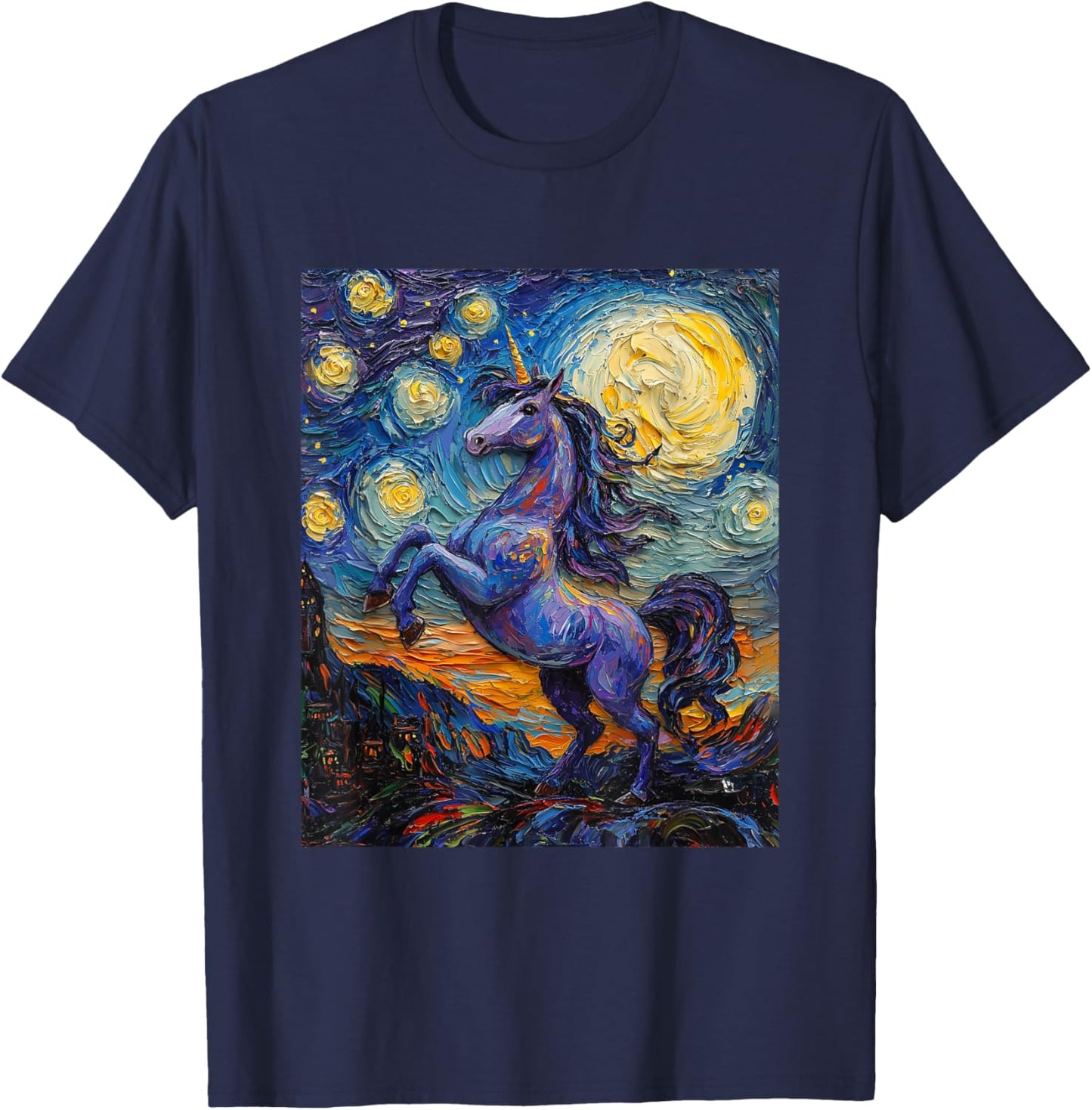 Cute Unicorn - Van Gogh Style - Starry Night T-Shirt - T-Shirt | Navy