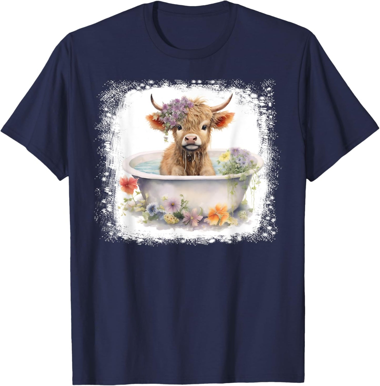 Baby Highland Cow In Bathtub Floral Flowers Women Girls T-Shirt - T-Shirt | Navy