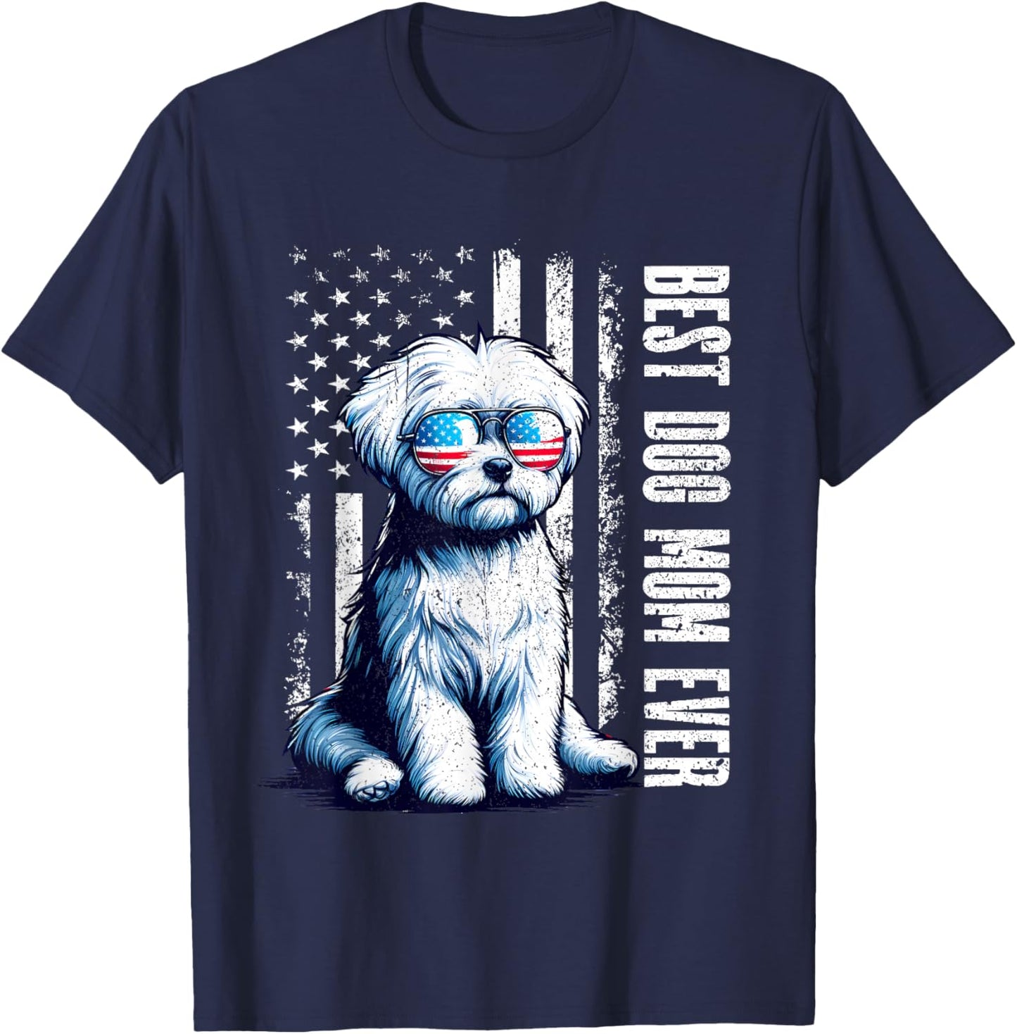 Vintage Maltese Dog Best Dog Mom Ever American Flag 2026 T-Shirt - T-Shirt | Navy