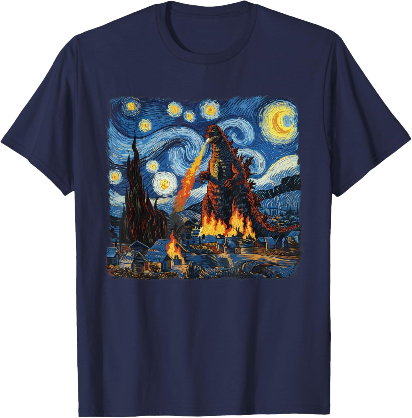 Kaiju Japanese Monster Van Gogh Starry Night T-Shirt - T-Shirt | Navy